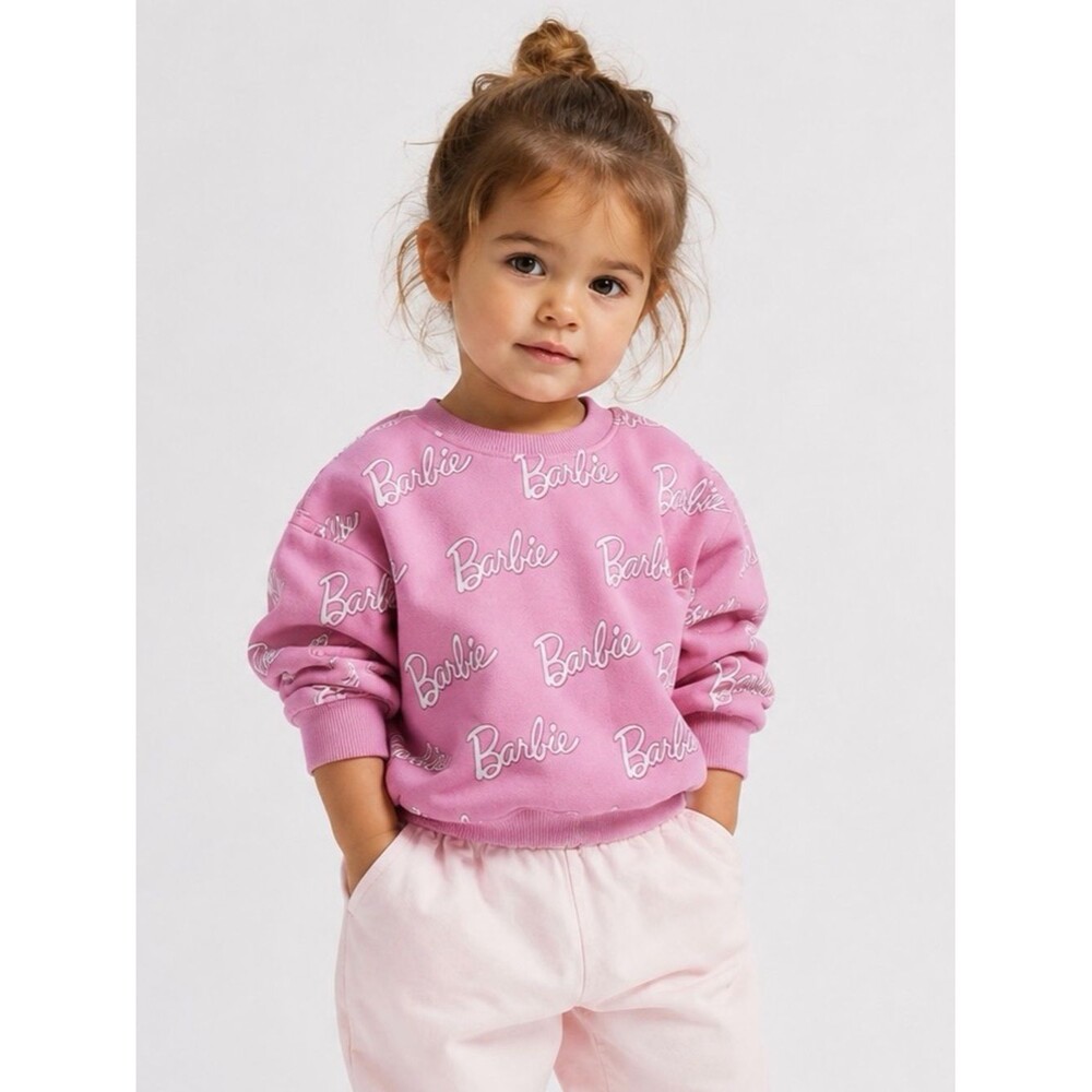 Zara x Barbie Pink Allover Logo Sweatshirt Girls 2T 2-3Y Graphic Cozy Barbiecore